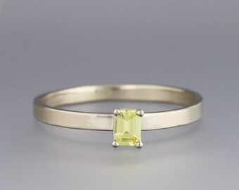 14k White Gold Band Ring with Natural Yellow Sapphire - Emerald Cut Stone, Four Prong Basket Setting - Slim, Modern Design Engagement Ring