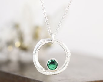 Sterling Silver Lilac Twig Circle Birthstone Pendant With Lab Created Emerald - May Birthstone - Botanical Gemstone Necklace - Ready to Ship