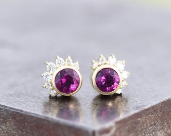 14k Yellow Gold Sunburst Halo Earrings with Grape Garnets - Stud Earrings with White Diamond Accents - Natural 4mm Garnets - Made to Order