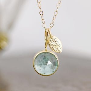 14k Yellow Gold Pendant with Moss Kyanite - Rose Cut Blue Green Stone Necklace with Gold Leaf Accent - Solid Gold Bezel - READY TO SHIP