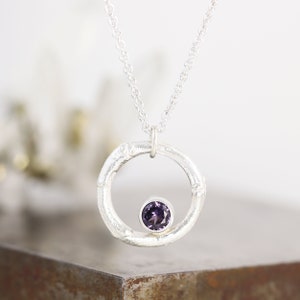 Sterling Silver Lilac Twig Circle Birthstone Pendant With Lab Amethyst - February Birthstone Necklace - Botanical Gem Jewelry -Ready to Ship