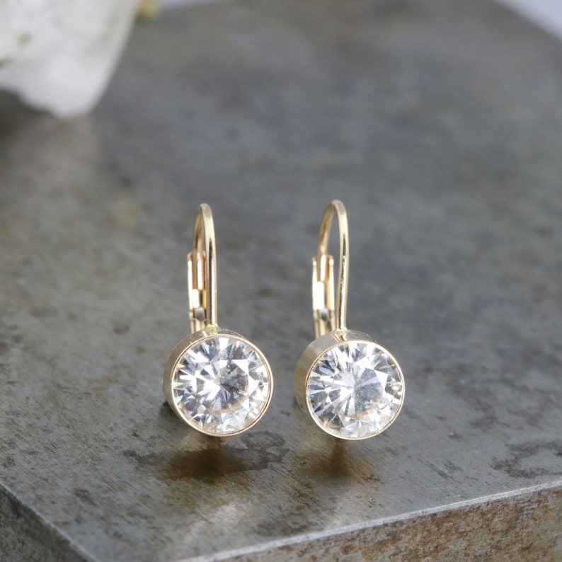 14k Yellow Gold Lever Back Earrings with Bezel Set 6mm White Etsy
