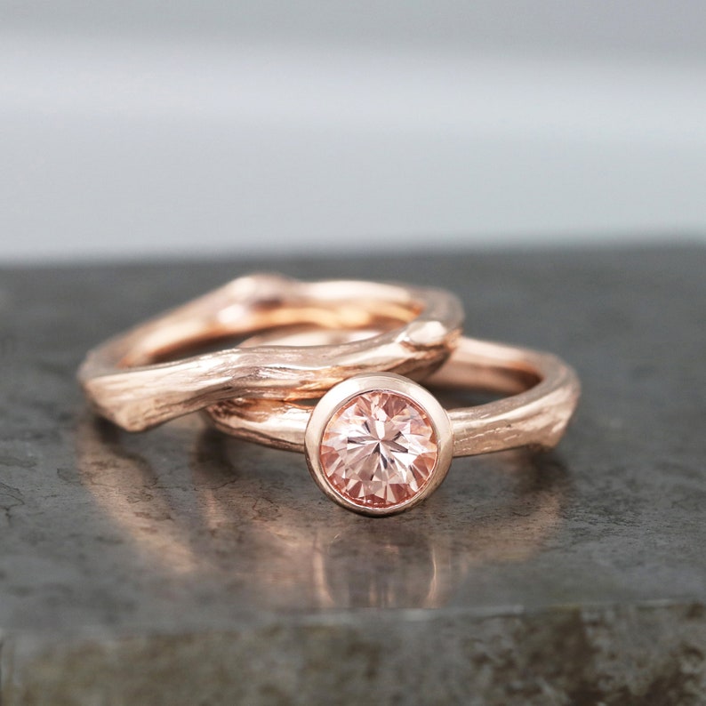 14k Rose Gold Twig Wedding Set with Chatham Champagne Sapphire Bezel Set Lab Grown Gem Engagement, Wedding Band Bridal Set Made to Order image 2