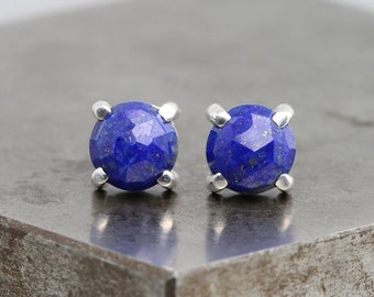 Small Rose Cut Lapis Stud Earrings - Sterling Silver Studs with 6mm Dark Blue Color Stones - Natural Round Gemstone Studs - READY TO SHIP