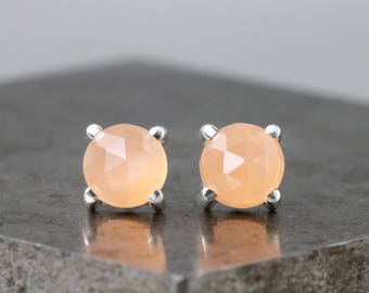 Peach Moonstone Stud Earrings - 6mm Rose Cut Stones - Sterling Silver Studs - Small Round Pastel Peach Orange Gemstone Studs - READY TO SHIP