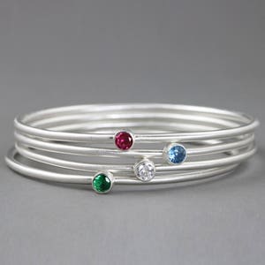 Sterling Silver Birthstone Bangle with 5mm Gemstone of Your Choice - Modern Simple Stackable Bangle Bracelet - Mothers, Grandmothers Gift