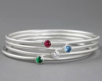 Sterling Silver Birthstone Bangle with 5mm Gemstone of Your Choice - Modern Simple Stackable Bangle Bracelet - Mothers, Grandmothers Gift