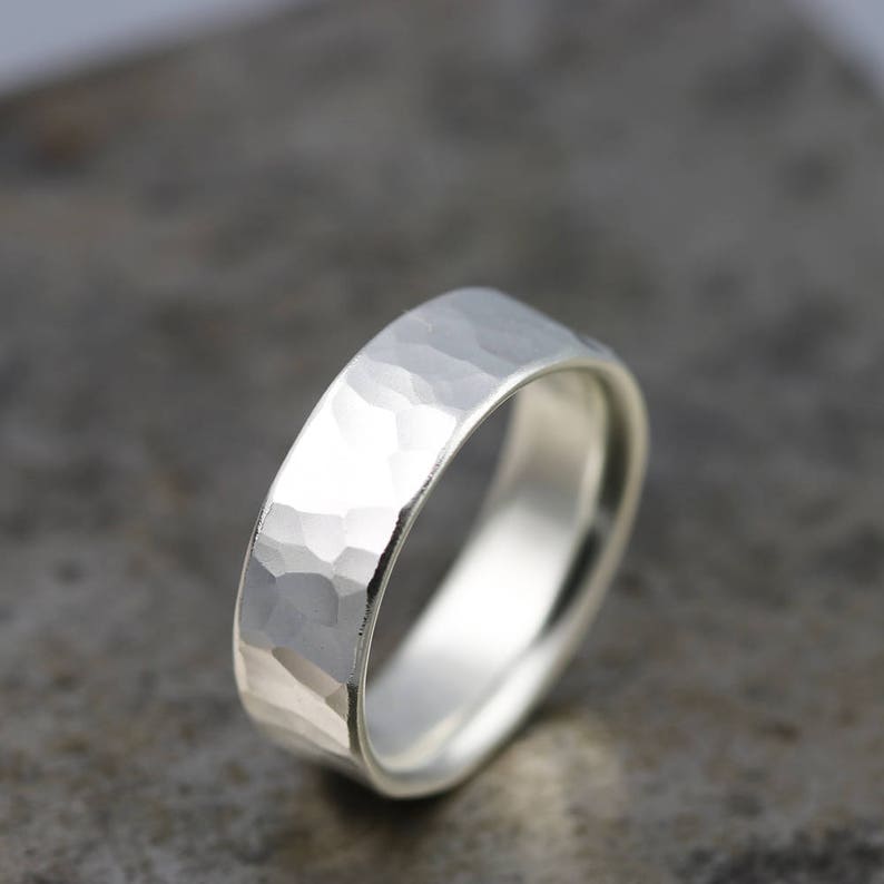 Mans Sterling Silver Wedding Ring 7mm Wide Hammered Band for Men Handmade Recycled Metal Comfort Fit Ring Made to Order in Your Size image 7