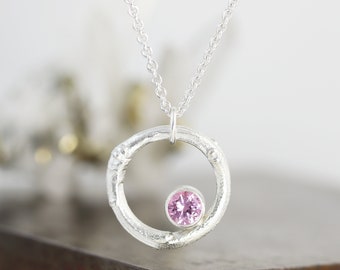 Sterling Silver Lilac Twig Circle Birthstone Pendant With Lab Created Tourmaline - October Birthstone - Botanical Gem Necklace Ready to Ship