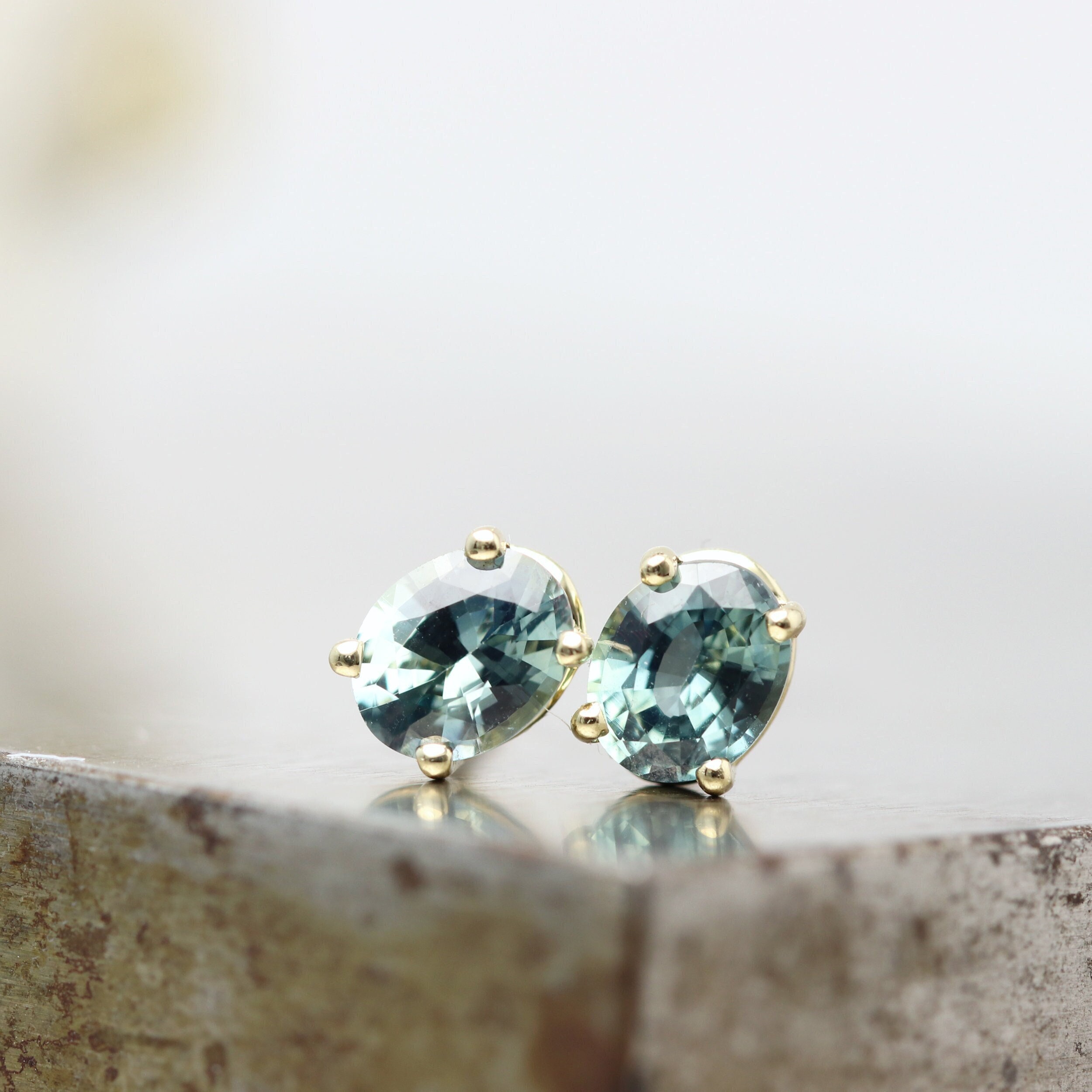 14k Yellow Gold 5x4mm Blue Oval Sapphire Stud Earrings in Prong Basket Setting - Modern Classic Small Natural Gemstone Stud - READY TO SHIP