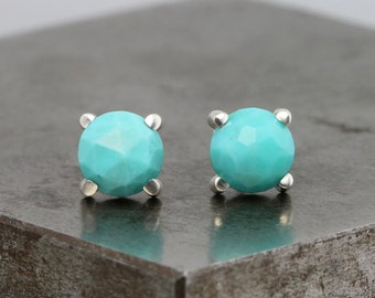 Rose Cut Turquoise Stud Earrings in Sterling Silver - Small 6mm Natural Round Blue Gemstone Studs - Faceted Blue Stone Studs - READY TO SHIP