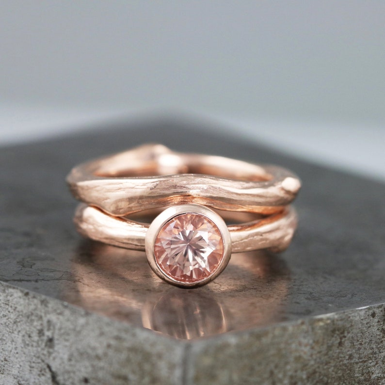 14k Rose Gold Twig Wedding Set with Chatham Champagne Sapphire Bezel Set Lab Grown Gem Engagement, Wedding Band Bridal Set Made to Order image 1