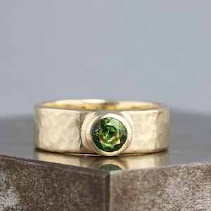 Hammered Textured Solid 14k Yellow Gold Ring with Olive Green Tourmaline - Wide Ring for Her - Alternative Engagement Ring - Made to Order