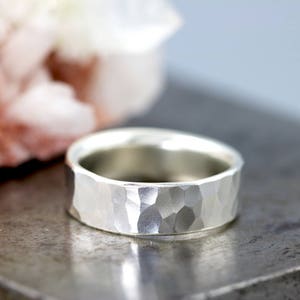 Mans Sterling Silver Wedding Ring 7mm Wide Hammered Band for Men Handmade Recycled Metal Comfort Fit Ring Made to Order in Your Size image 8