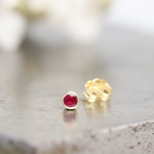 One Single Tiny 14k Yellow Gold Ruby Stud Earring - Single Small Deep Raspberry Red Everyday Stud - Modern Classic Bezel Stud- READY TO SHIP