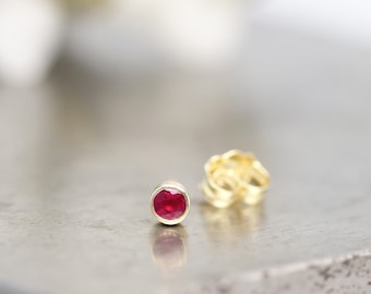 One Single Tiny 14k Yellow Gold Ruby Stud Earring - Single Small Deep Raspberry Red Everyday Stud - Modern Classic Bezel Stud- READY TO SHIP