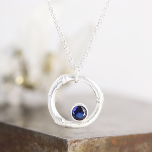Sterling Silver Lilac Twig Circle Birthstone Pendant With Lab Created Sapphire - September Birthstone - Botanical Gem Necklace Ready to Ship
