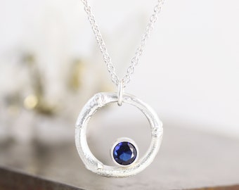 Sterling Silver Lilac Twig Circle Birthstone Pendant With Lab Created Sapphire - September Birthstone - Botanical Gem Necklace Ready to Ship