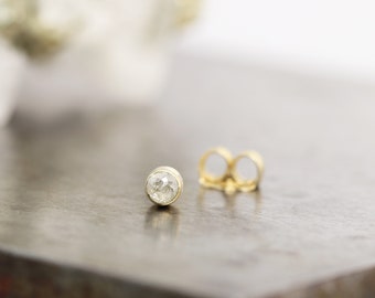 One Single Tiny Rose Cut Diamond Stud Earring - 14k Yellow Gold Cream Diamond Stud - Small Second Piercing or Unisex Earring - READY TO SHIP