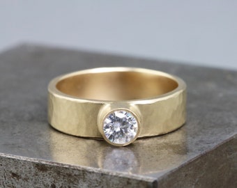 14k Yellow Gold Ring with White Sapphire - Textured Hammered Modern Relic Artifact Ring - Diamond Alternative Engagement Ring -Made to Order