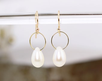 14k Gold and Pearl Earrings - Small Delicate Thin Yellow Gold Wire Drop Earrings - Circle Hoop White Teardrop Pearl Earrings - READY TO SHIP