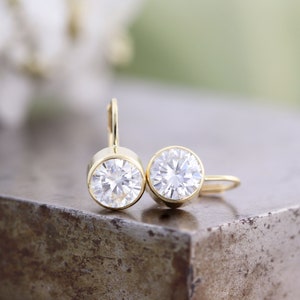 14k Yellow Gold Lever Back Clip Earrings with Bezel Set Large 7mm White Moissanite White Diamond Alternative Gemstones Made to Order image 6