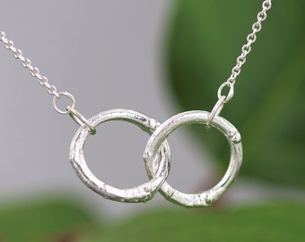 Sterling Silver Double Twig Circle Necklace - Mother, Child Branch Pendant - Natural Organic Joined Unity Circle Necklace - READY TO SHIP