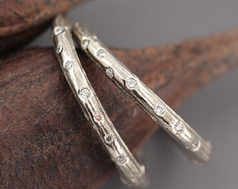 White Gold Twig Hoop Earrings with Tiny White Diamonds - Branch Hoop Earrings - Organic Wood Texture Hoops - Diamond Earrings  Made to Order