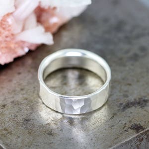 Mans Sterling Silver Wedding Ring 7mm Wide Hammered Band for Men Handmade Recycled Metal Comfort Fit Ring Made to Order in Your Size image 6