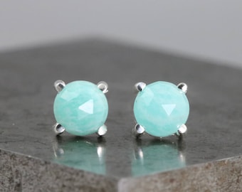 Rose Cut Amazonite Stud Earrings - 6mm Round Small Blue Green Stone - Sterling Silver Studs - Aqua Blue Pastel Gemstone Stud - READY TO SHIP