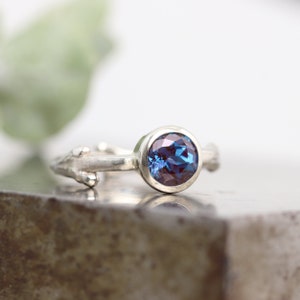 14k White Gold Lilac Branch Twig Ring with Lab Alexandrite - 6.5mm Round Stone Solitaire Bezel Setting Ring - Inspired by Nature Lover Ring