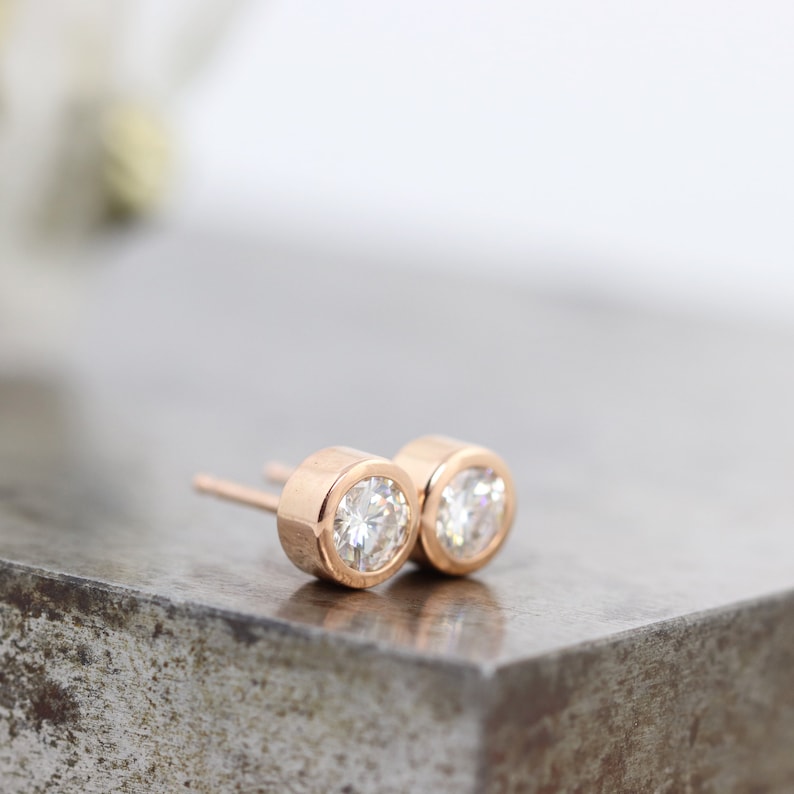 4mm Rose Gold Moissanite Stud Earrings Smooth Diamond Alternative Bezel Studs Recycled 14k Rose Gold Unisex Gift READY TO SHIP image 3