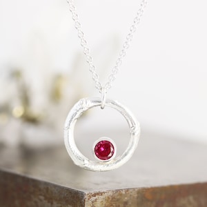 Sterling Silver Lilac Twig Circle Birthstone Pendant With Lab Created Ruby - July Birthstone - Botanical Gemstone Necklace - Ready to Ship