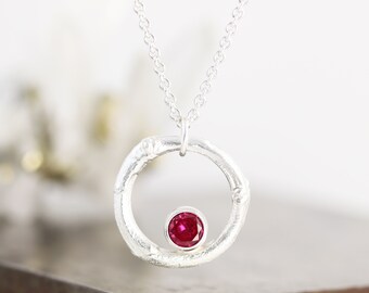 Sterling Silver Lilac Twig Circle Birthstone Pendant With Lab Created Ruby - July Birthstone - Botanical Gemstone Necklace - Ready to Ship