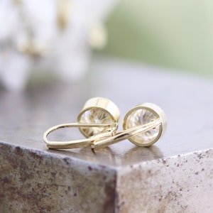14k Yellow Gold Lever Back Clip Earrings with Bezel Set Large 7mm White Moissanite White Diamond Alternative Gemstones Made to Order image 5
