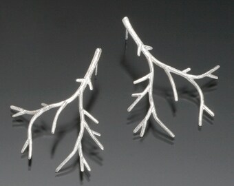 Silver Branch Earrings - Large Botanical Nature Casting Sterling Posts - Natural Organic Arbor Earrings for Nature Lover - READY TO SHIP