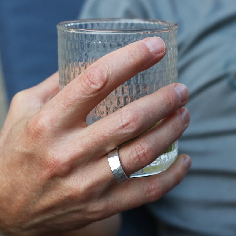 Mans Sterling Silver Wedding Ring 7mm Wide Hammered Band for Men Handmade Recycled Metal Comfort Fit Ring Made to Order in Your Size image 4