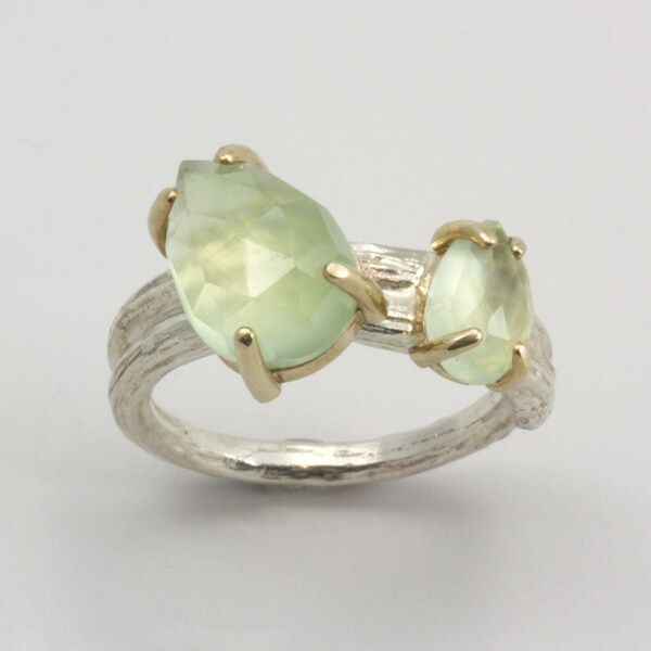 RESERVED - Twig Ring - Wrapped Ring - Prehnite Stones - Rose Cut - Gold and Silver Ring - Branch Ring - Modern Engagement Ring - Green Stone
