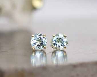 14k Yellow Gold Sky Blue Topaz Stud Earrings - Small Light Blue Gemstones in Prong Settings - Small Natural Gemstone Stud - READY TO SHIP