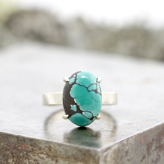 White Gold Ring With Large Tibetan Turquoise Hammered Texture 14kw