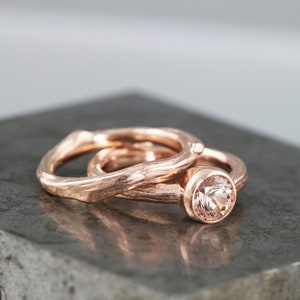 14k Rose Gold Twig Wedding Set with Chatham Champagne Sapphire Bezel Set Lab Grown Gem Engagement, Wedding Band Bridal Set Made to Order image 4