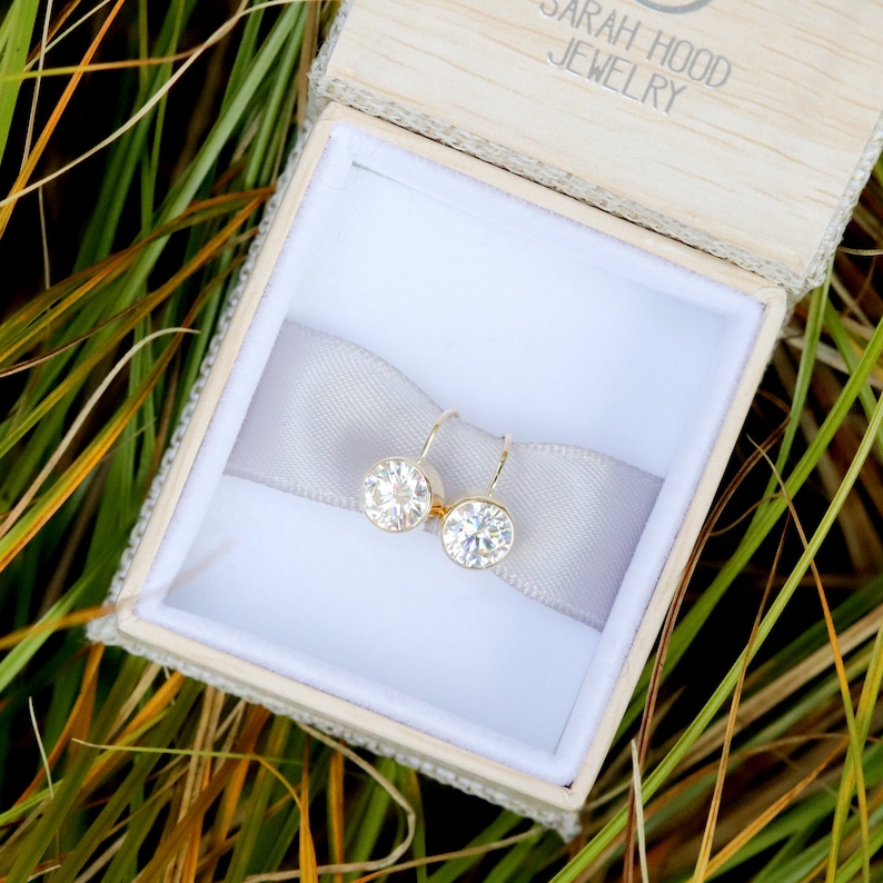 14k Yellow Gold Lever Back Clip Earrings with Bezel Set Large 7mm White Moissanite White Diamond Alternative Gemstones Made to Order image 3
