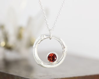 Sterling Silver Lilac Twig Circle Birthstone Pendant With Lab Garnet - January Birthstone Necklace - Botanical Gem Jewelry -Ready to Ship