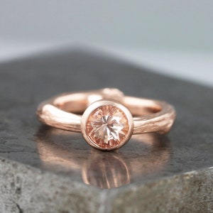 14k Rose Gold Twig Wedding Set with Chatham Champagne Sapphire Bezel Set Lab Grown Gem Engagement, Wedding Band Bridal Set Made to Order image 5