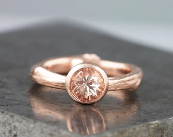 14k Rose Gold Twig Engagement Ring with Lab Grown Chatham Champagne Sapphire - Ethical Bezel Set Lab Grown Gemstone Ring - Made to Order