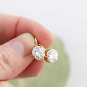 14k Yellow Gold Lever Back Clip Earrings with Bezel Set Large 7mm White Moissanite White Diamond Alternative Gemstones Made to Order image 7