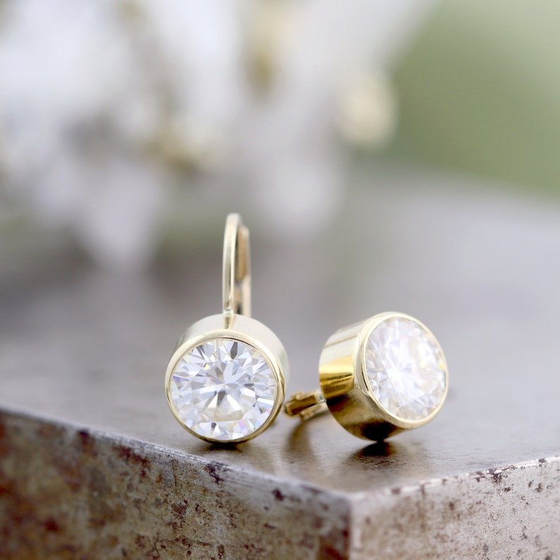 14k Yellow Gold Lever Back Clip Earrings with Bezel Set Large 7mm White Moissanite White Diamond Alternative Gemstones Made to Order image 2