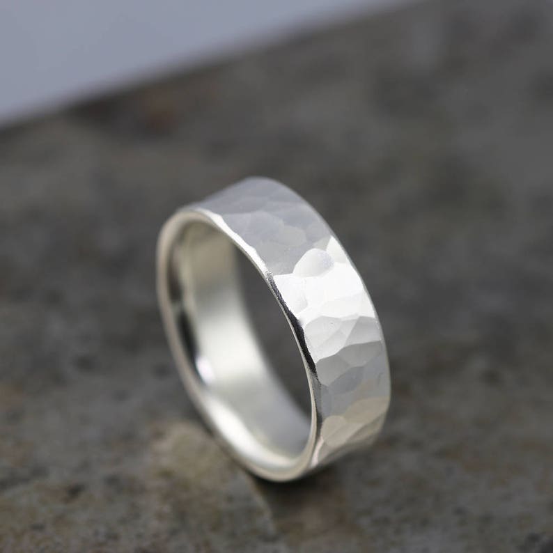 Mans Sterling Silver Wedding Ring 7mm Wide Hammered Band for Men Handmade Recycled Metal Comfort Fit Ring Made to Order in Your Size image 5