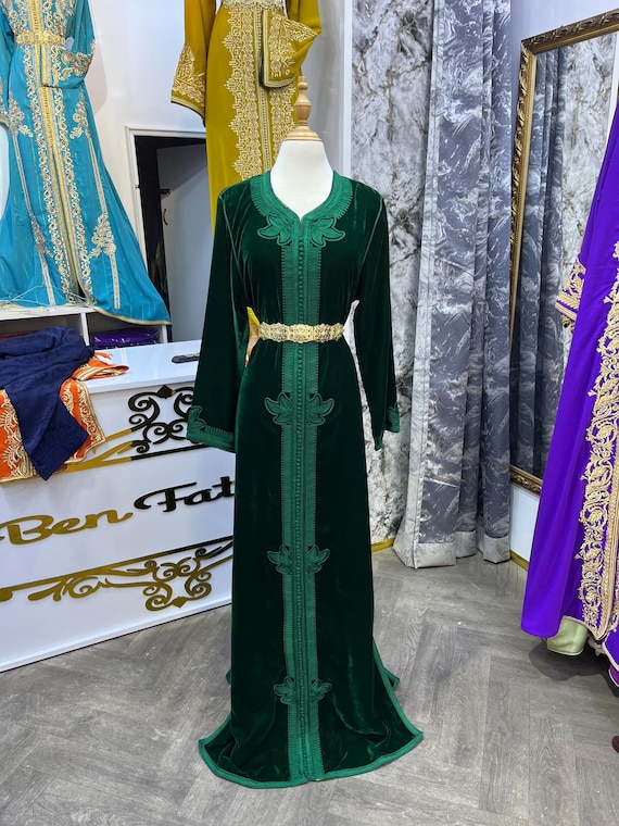 Green Caftan Velvet Moroccan Caftan: Handmade Takchita Dress With