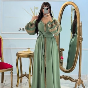 Handmade Black Silk Crepe Moroccan Takchita: Rabati Embroidery Caftan